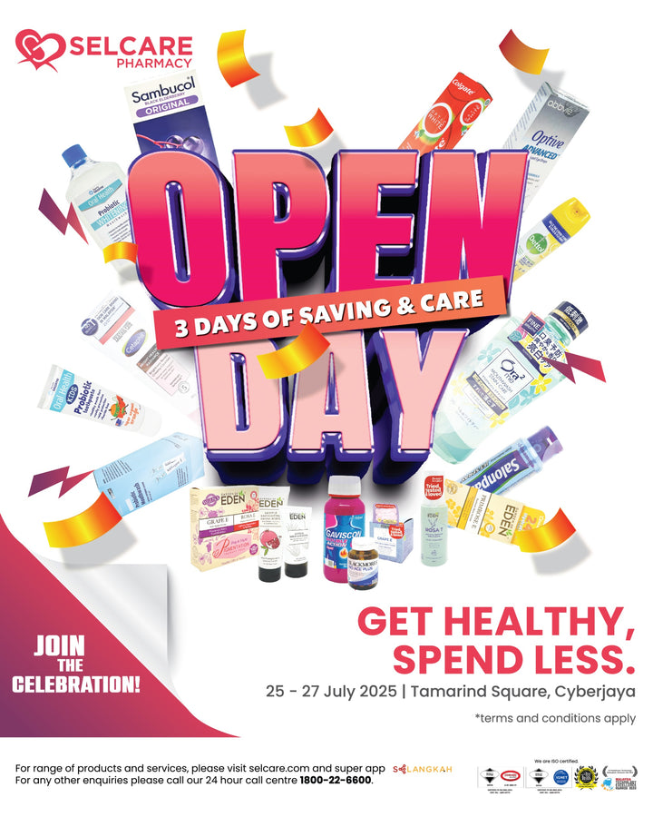 Promotional poster for Selcare Pharmacy Open Day event with various products displayed.